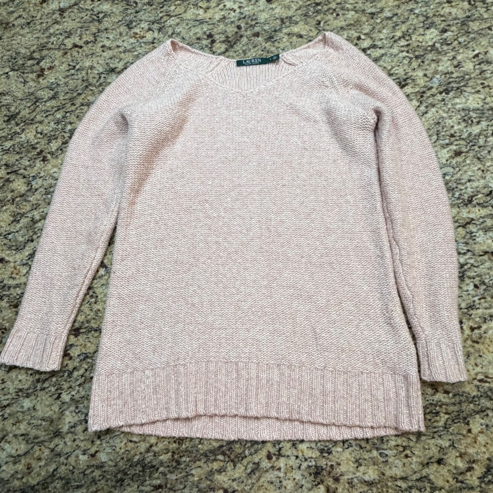 Lauren Ralph Lauren Womens Pink V-Neck Garter Stitch Knit Pullover Sweater Small